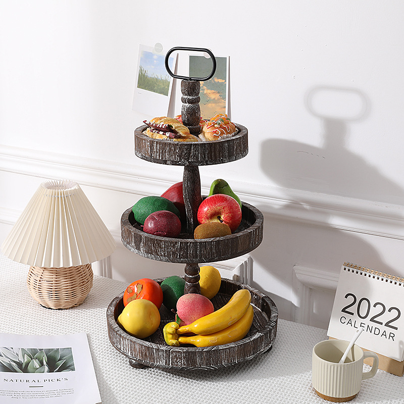 Cruzar la frontera de madera retro de múltiples capas merienda soporte plato de fruta pastel de frutas secas de múltiples capas bandeja de hogar soporte de postre soporte de exhibición