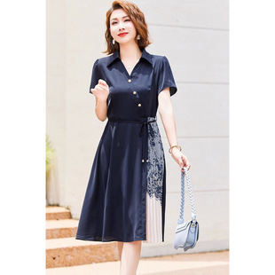 Middle-Aged Mother's Clothing 2023 Summer New Style Short-Sleeved Dress Waist-Cinching Middle-Aged and Elderly Women's Mid-Length Skirt