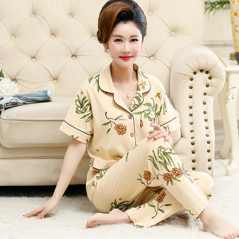 Pijama mujer de mediana edad y anciana suegra 100% algodón manga corta primavera y verano traje Delgado cardigan suelto más tamaño