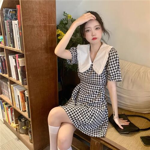 Doll Collar Grid Patchwork Skirt Women Summer French Short Sleeve One-Step Skirt Cute Japanese Short Skirt
