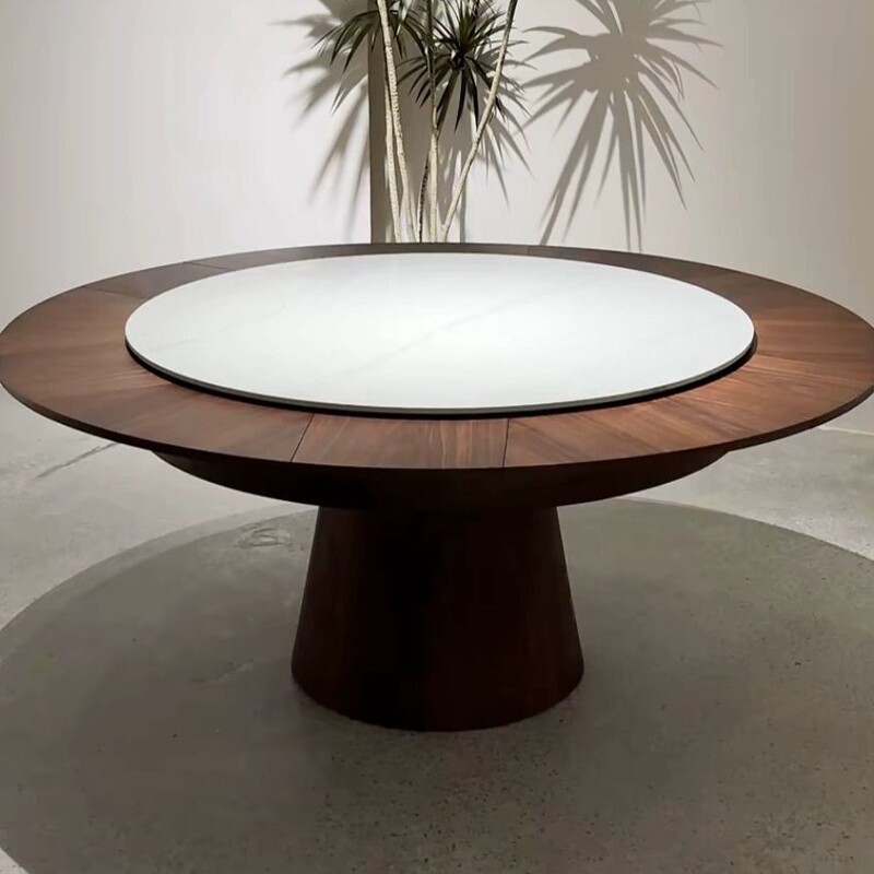Rotating and Extendable Round Dining Table with Adjustable Size, Multifunctional Round Dining Table, Walnut Wood, Vintage Home Dining Table