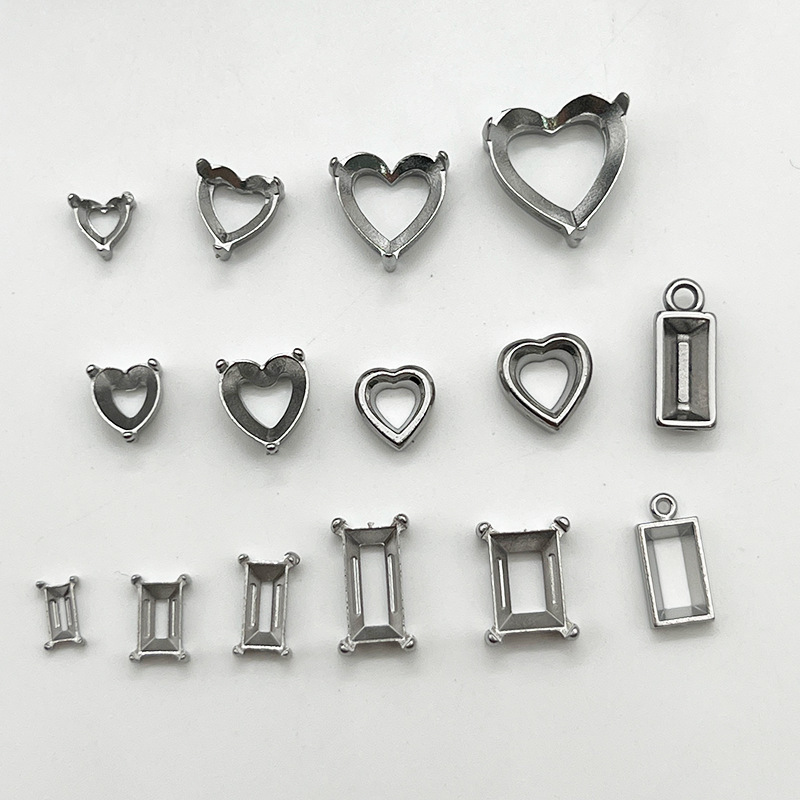 Titanium Steel Heart-Shaped DIY Zircon Empty Setting Square Diamond Base Setting Necklace Bracelet Handmade Inlay Claw Setting Accessories Wholesale