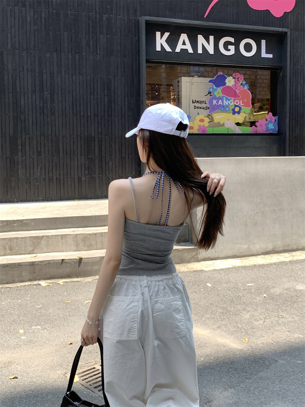 灰色假两件挂脖吊带背心女夏季外穿带胸垫辣妹风修身短款无袖上衣|undefined