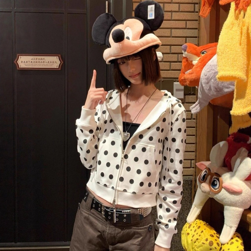 Unique and Chic Hooded Polka Dot Cardigan Sweatshirt Autum New Design Casual Slim Zipper Jacket Top Trendy