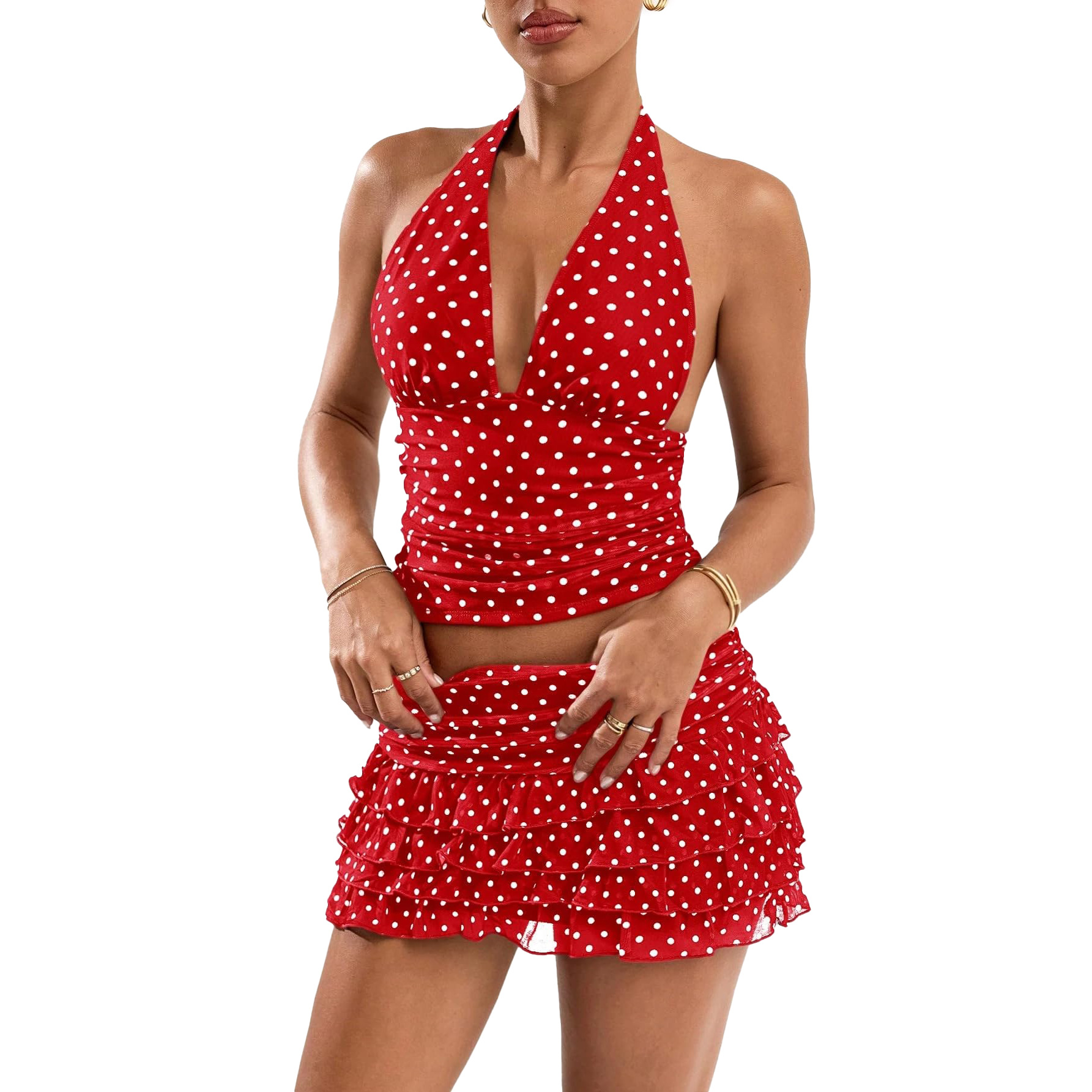Completo donna top allacciato al collo pois e gonna volant_voghion.com