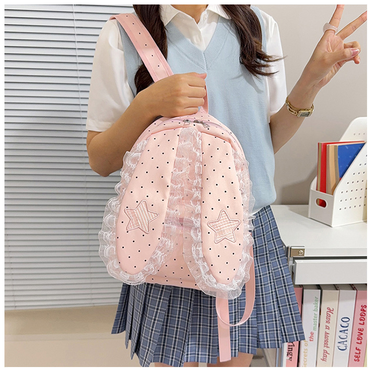 Indigo Smoke Mesh Bunny Ear Student Backpack Japanese Style Cute Girls School Bag High-Value Casual Versatile Travel Shoulder Backpack