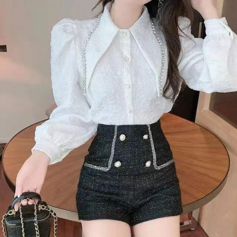 韩版小众大尖领衬衣女显瘦名媛暗纹提花镶钻打底长袖上衣衬衫|undefined