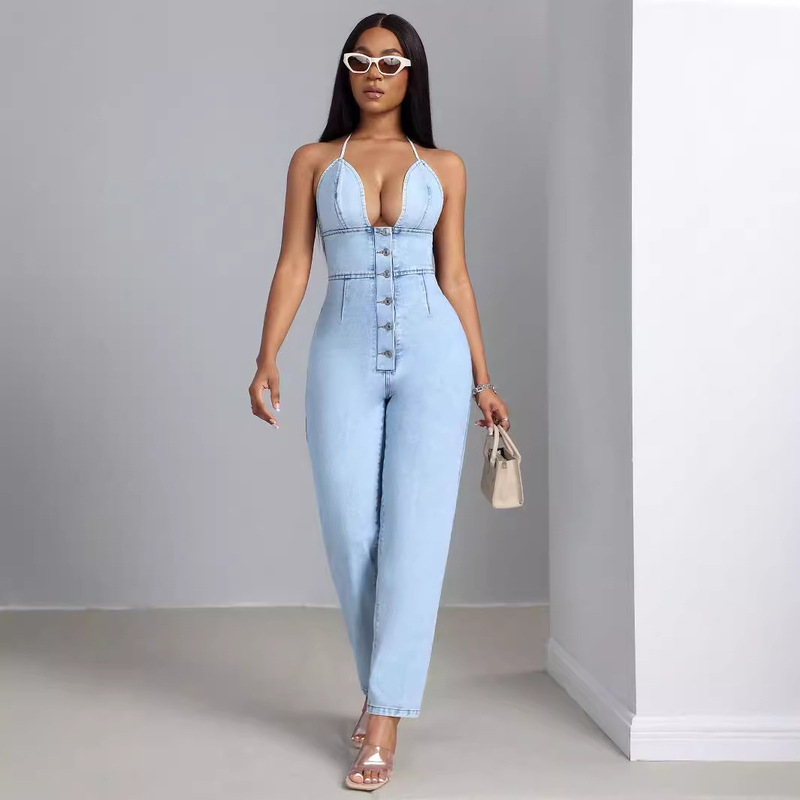 Pre-Sale-65526 # Amazon European and American Clothing Commuter Suspenders Low-Cut Slimming One-Piece Denim Trousers