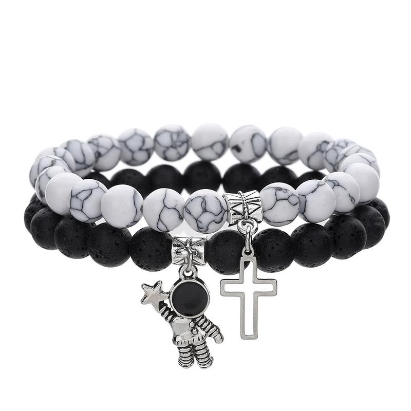 8mm White Pine volcano stone couple bracelet suit cross-border hot cross astronaut pendant stretch bracelet 8mm White Pine volcano stone couple bracelet suit cross-border hot cross astronaut pendant stretch bracelet