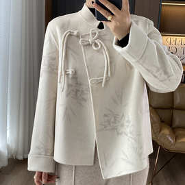 2024新款中国风盘扣印花100%羊毛双面呢大衣女士小个子外套小香风