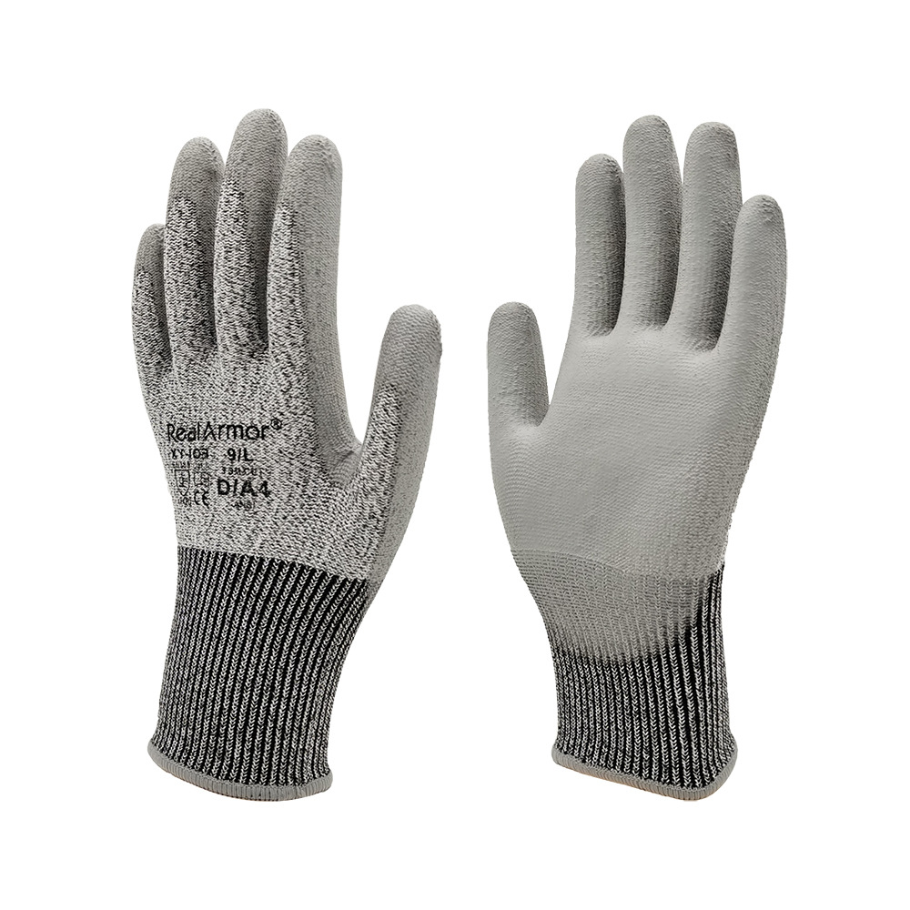Guantes de protección con certificación CE EN388, resistentes a cortes de nivel 5, material HPPE con recubrimiento de PU, resistentes al desgaste, antideslizantes, nivel D de resistencia a cortes.