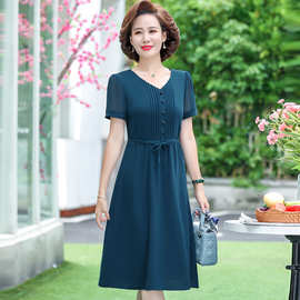 2023夏季新款韩版女装连衣裙圆领套头纯色短袖长裙修身显瘦大摆裙