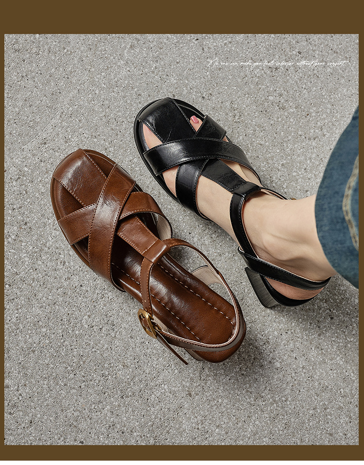 Sandal nữ cao gót quai T dệt kiểu La Mã cổ điển — màu nâu chi tiết 1