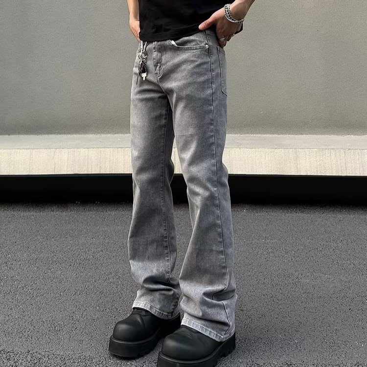 Men's Gray American Streetwear Vintage Wash Flared Jeans, Relaxed Fit Bootcut Denim Pants With Distressed Details For Urban Fashion_mkmklike.com