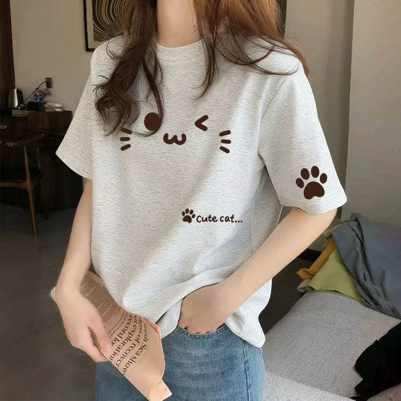 纯棉后包领 卡通猫咪印花短袖T恤女夏季新款可爱萌系百搭圆领上衣