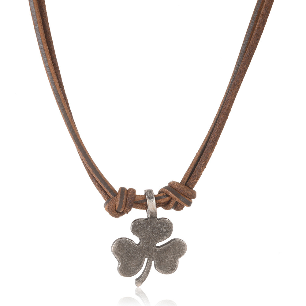 跨境电商饰品欧美新款男士合金花瓣项链复古简约短款牛皮项链