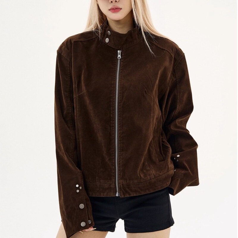 American Retro Brown Suede Harrington Stand Collar Jacket for Men and Women, New Autumn Melad Suede Couple Coat American Retro Brown Suede Harrington Stand Collar Jacket for Men and Women, New Autumn Melad Suede Couple Coat