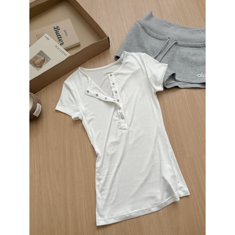 テンセル無地ヘンリーネックボタンデザインTシャツレディース夏ウエスト気質右肩半袖トップ|undefined
