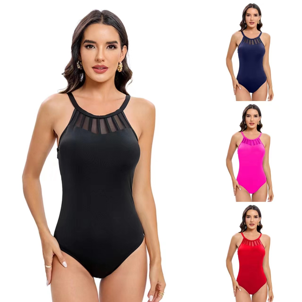 Traje de baño sexy de estilo europeo y americano 2024 para mujer, traje de baño de una pieza ajustado de malla con control de abdomen y efecto adelgazante.