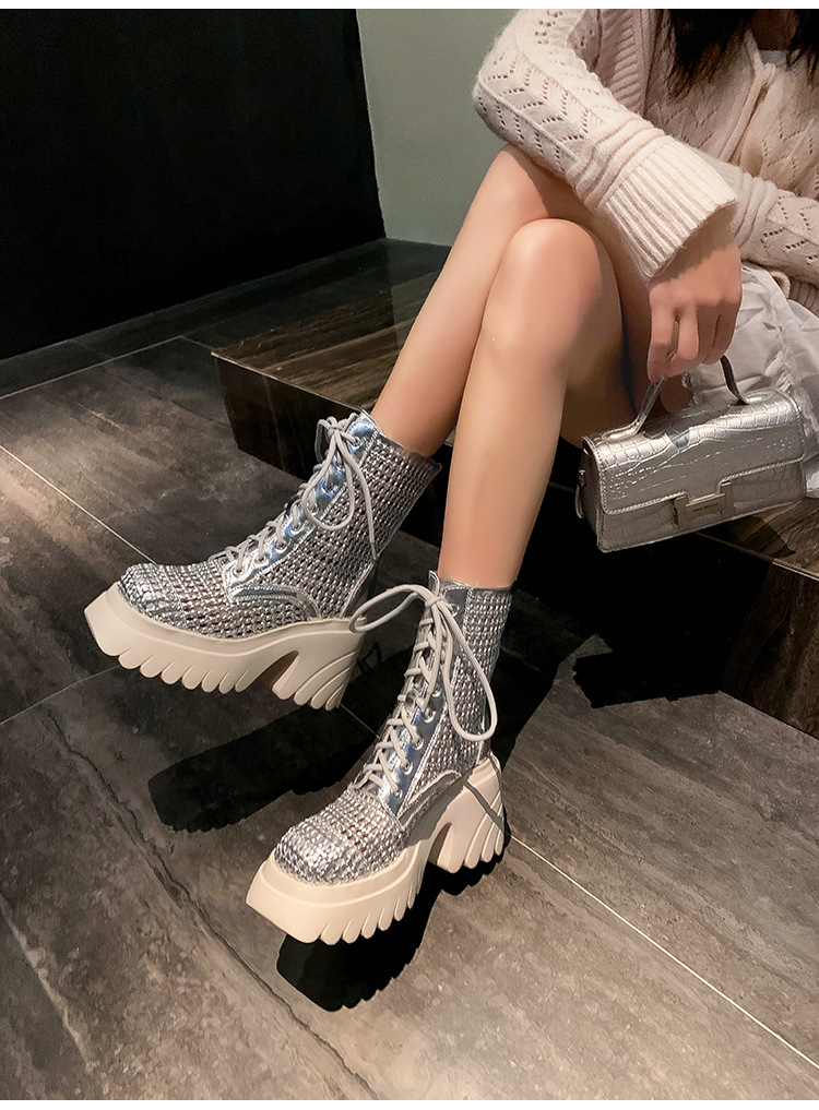 Boot nữ cổ thấp đế dày tăng chiều cao, gót thô đan thoáng khí — màu đen, màu trắng ngà, bạc chi tiết 12
