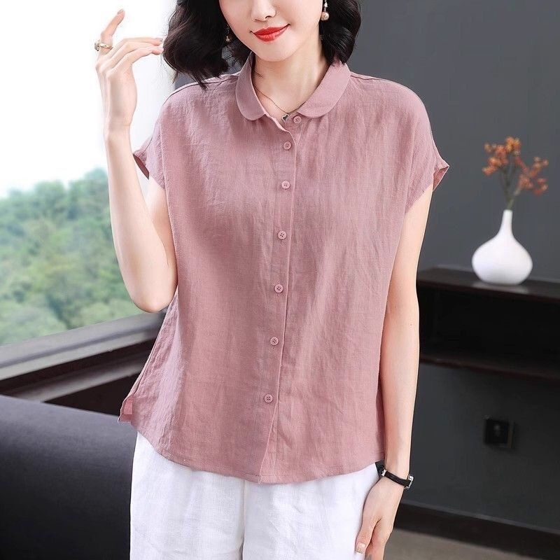 Cotton-linen shirt 2026 new model for women, light luxury, high-end feel, casual, simple, short-sleeved, stylish top, super good-looking shirt Cotton-linen shirt 2026 new model for women, light luxury, high-end feel, casual, simple, short-sleeved, stylish top, super good-looking shirt