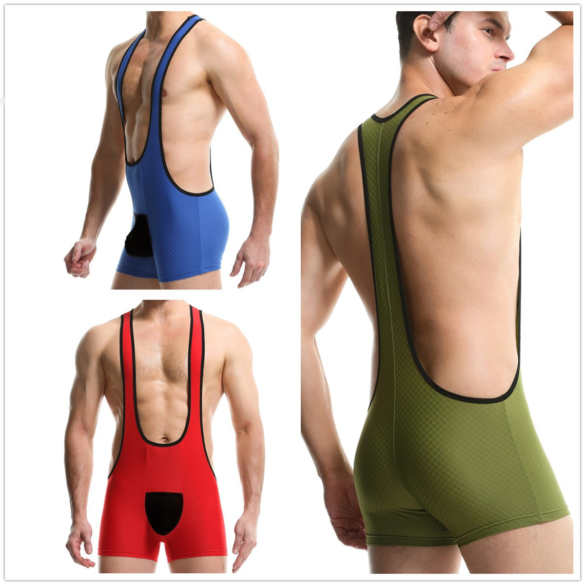 새로운 남성 원피스 속옷 섹시한 나일론 아이스 실크 슬라이딩 메쉬 포켓 홈 착용 레슬링 의류 박스 2411