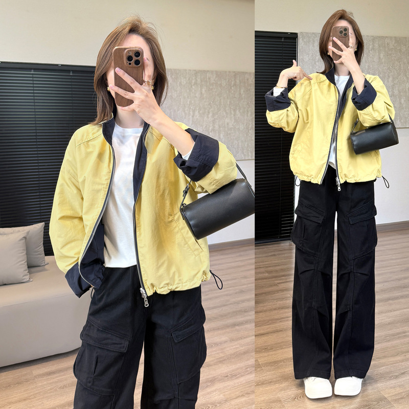 靓小靓【两面穿】黄蓝撞色立领夹克 秋季休闲棒球服廓形风衣外套|undefined