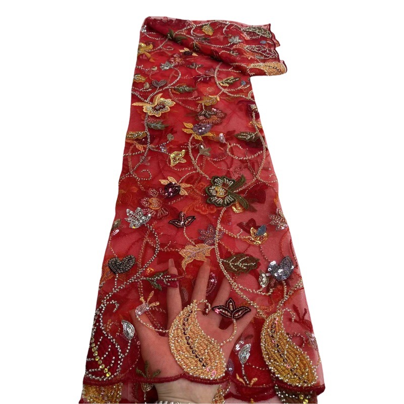 Tela de malla floral brillante con bordado 3D de lentejuelas superpuestas en stock para vestidos y ropa infantil. image 1