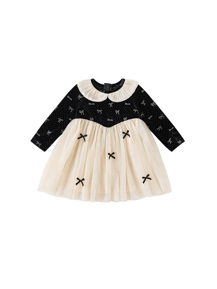 Envío gratis, ropa para niños, vestido de princesa para niñas de primavera y otoño, vestido para niños, vestido de malla con cuello de muñeca, vestido con lazo para niñas