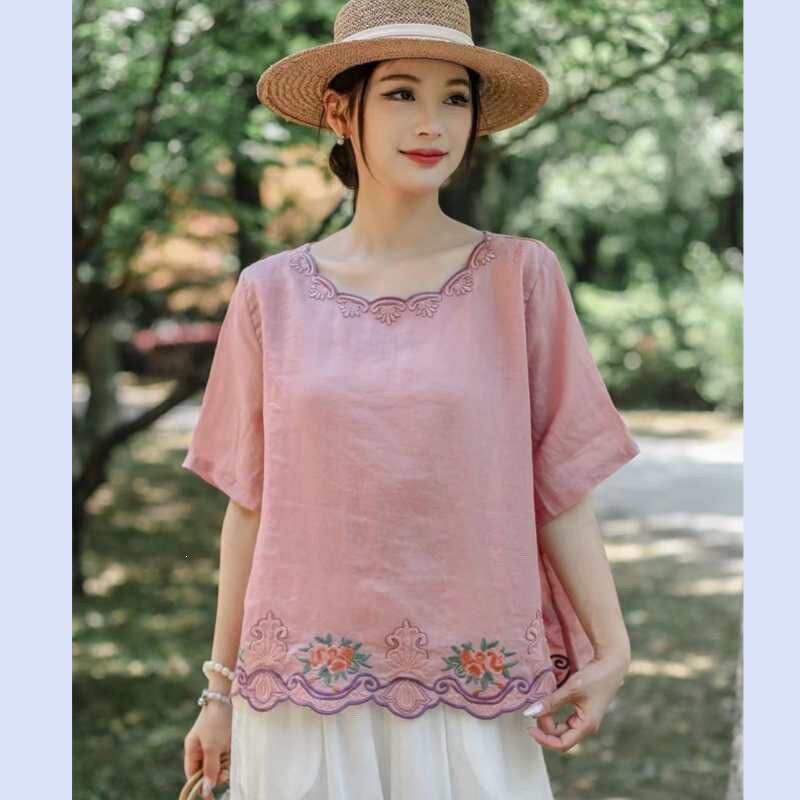 New Cotton and Linen Blouse for Women with Embroidery, Artistic Retro Style, Casual Versatile Loose Fit, Round Neck, Comfortable Thin Summer Top with Patchwork
