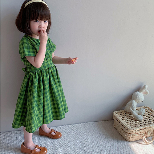 Girls' Plaid Grass-green Midriff-Exposing Dress, Princess Style, 24 Summer Collection—New Arrival, Made-to-Order Kids' Clothing for Export