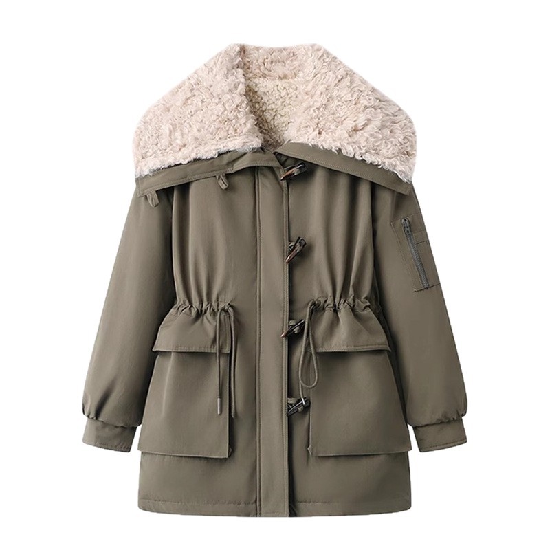 Cordero con collar de corno de buey, ropa de algodón para mujeres, invierno de 2025 nuevo tipo de ropa de algodón gruesa