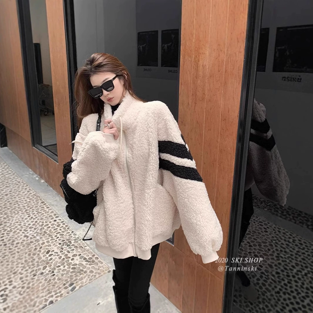 Плюс размер женской одежды 2024 новый зимний толстый свободный сшитый молния шерстяная куртка ягненка