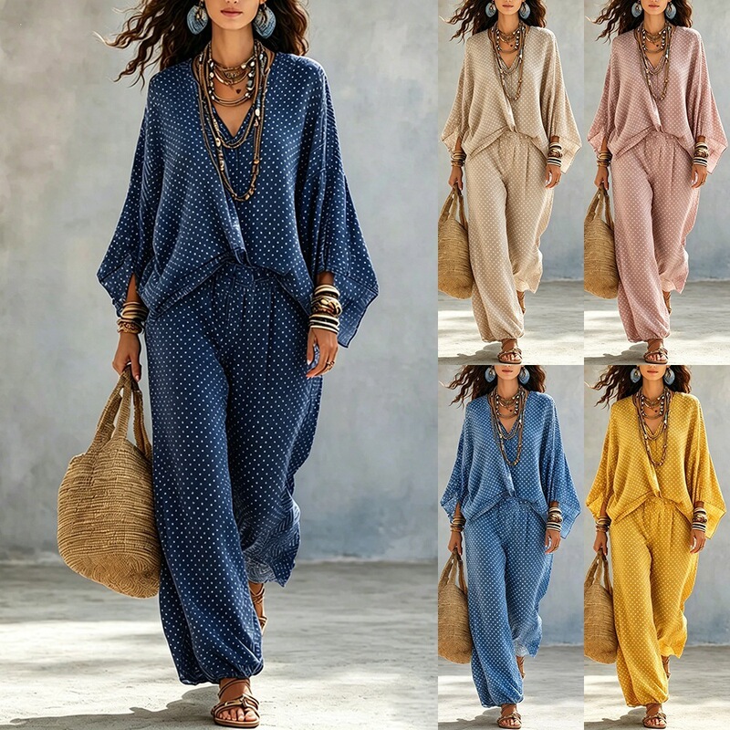 European and American cross-border foreign trade women's clothing, spring and autumn fashion retro-style printed loose bat-sleeve top and jogger pants set European and American cross-border foreign trade women's clothing, spring and autumn fashion retro-style printed loose bat-sleeve top and jogger pants set