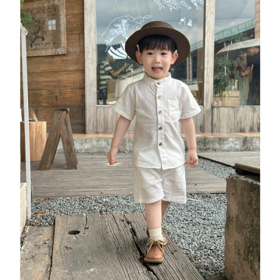 Korean Boys Summer Suit 2025 New Little Boy New Chinoiserie Pure Color Stand-Up Collar Shirt Short-Sleeved Shorts Two-Piece Set
