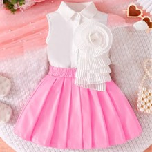 亚马逊欧美童装跨境女童女童无袖衬衣配花朵短裙爆款热销童装套装