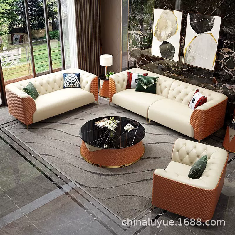 欧式轻奢沙发客厅组合现代简约大小户型北欧皮艺别墅沙发组合脚踏