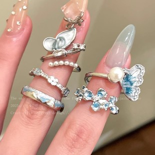 Butterfly Pearl Flower Ring Women's Spring 2025 New Explosive Finger Ring Light Luxury Niche High-end Stacked Finger Ring