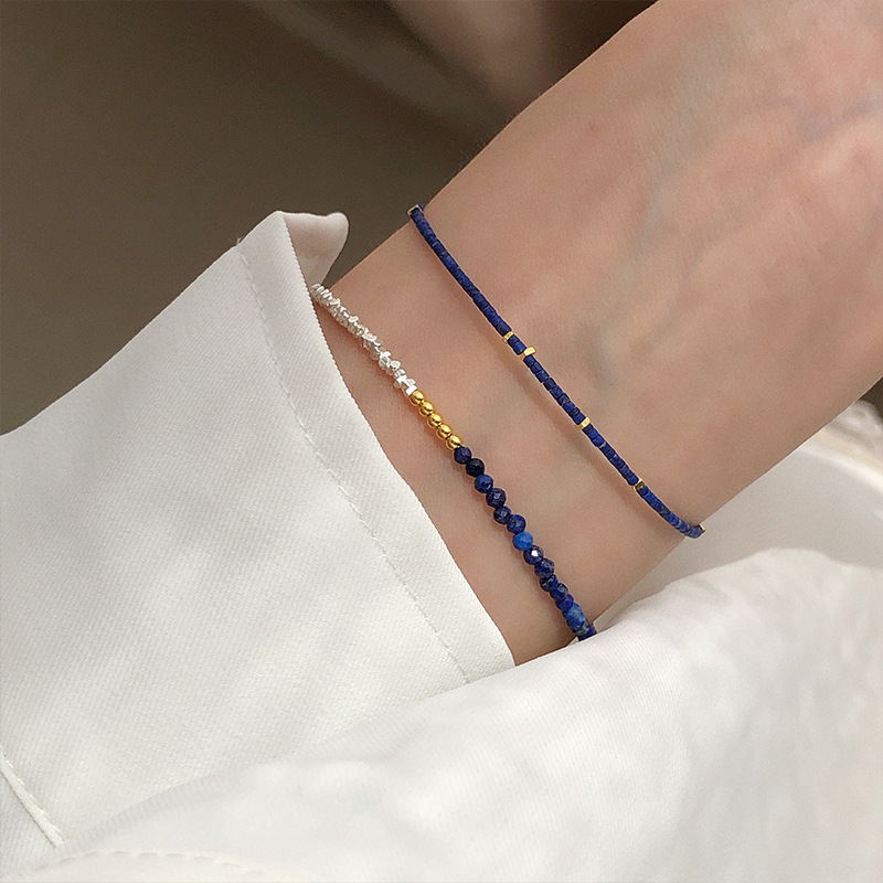S925 Silver Lapis Lazuli Gold and Silver Contrasting Broken Silver Bracelet for Women Extremely Fine Stacking Niche Versatile High-End Accessories S925 Silver Lapis Lazuli Gold and Silver Contrasting Broken Silver Bracelet for Women Extremely Fine Stacking Niche Versatile High-End Accessories