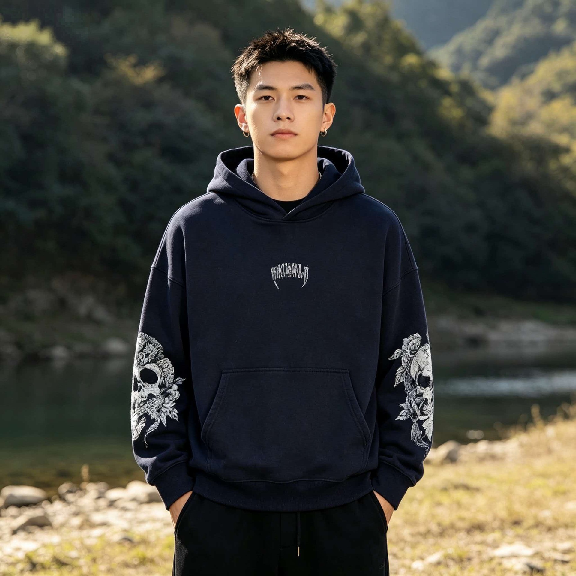 American-style retro skull print hooded sweatshirt, men's loose-fit sportswear for spring and autumn, trendy and versatile casual top