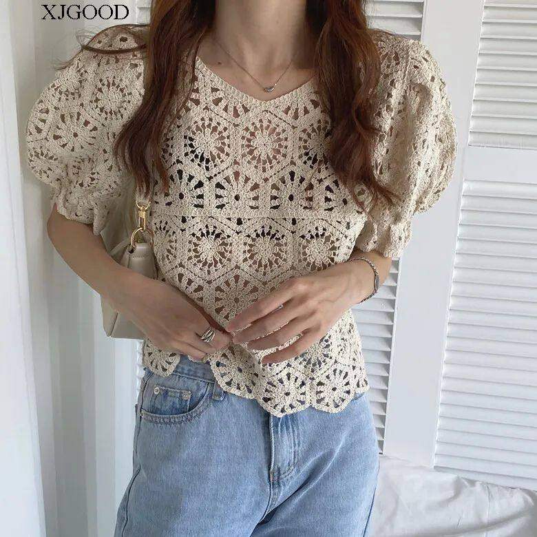 Bohemian Style Crochet Lace Shirt for Women, Sweet Puff Sleeves, Round Neck Blouse, Loose Slimming Top Bohemian Style Crochet Lace Shirt for Women, Sweet Puff Sleeves, Round Neck Blouse, Loose Slimming Top