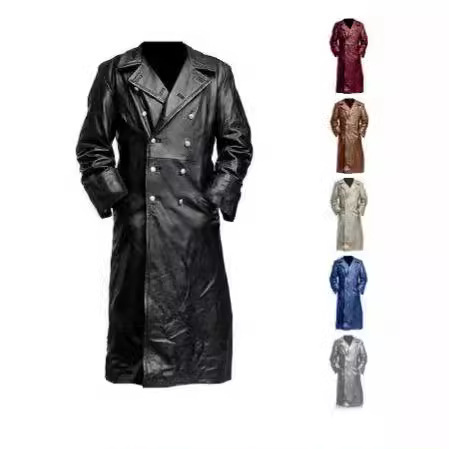 Spring and Autumn Men's PU Leather Coat Western Plus Size Medium Long Windbreaker Double Breasted Leather Jacket German Military Style
