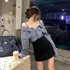 假两件拼接一字肩吊带长袖连衣裙女2025秋季新款短裙条纹衬衫裙子
