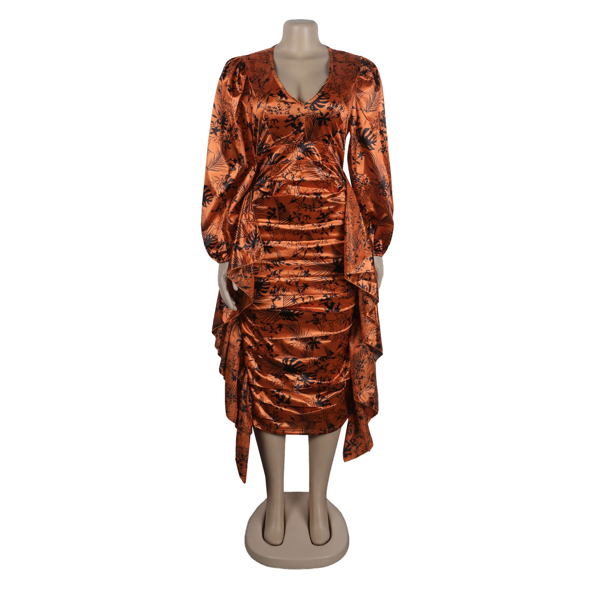 Women's Clothing Sexy Printed Ruffled Lantern Sleeve Hip Hugging Slim Fit Long Sleeve Dress_voghion.com