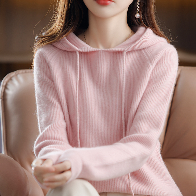 100% Australian Pure Wool Knitted Hooded Sweatshirt for Women, Thick Cashmere Hoodie, Loose Plus-Size Hooded Sweater