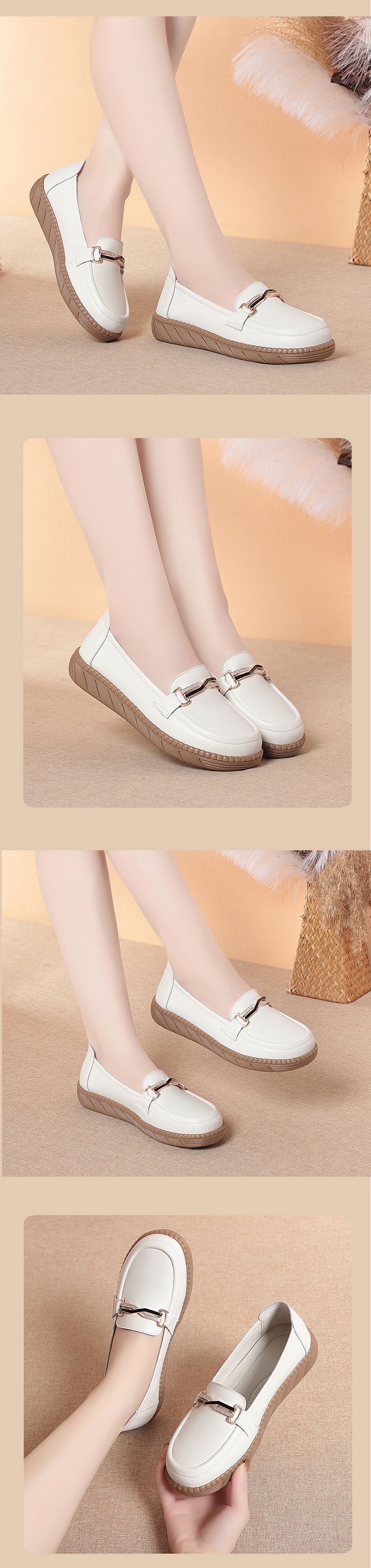 Giày sneaker nữ da thật đế mềm thoải mái, phù hợp người lớn tuổi, size lớn — Be【Kiểu giày đơn】 chi tiết 6