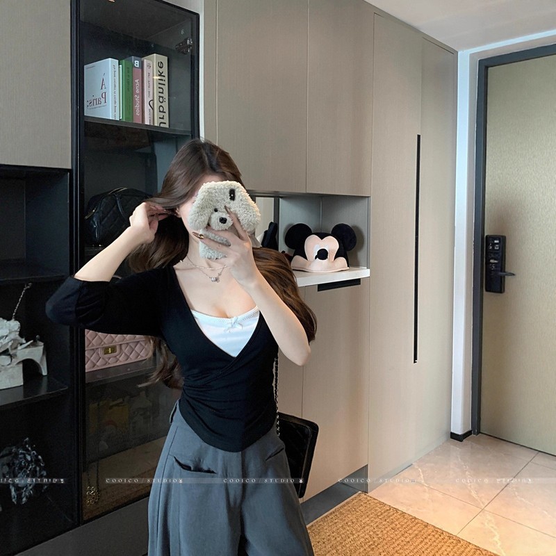 设计感别致假两件撞色长袖T恤女装秋季韩系别致减龄修身显瘦上衣|undefined
