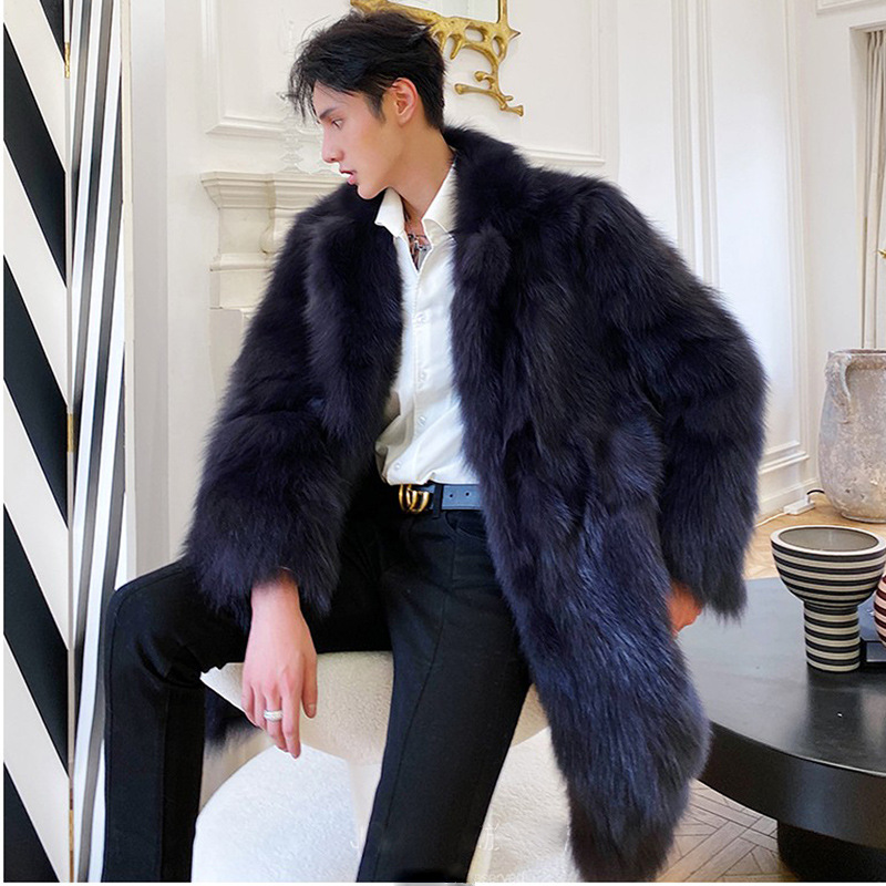 Abrigo de piel de cordero Toscano abrigo de piel de los hombres de imitación de piel de zorro gabardina de longitud media engrosada casual top