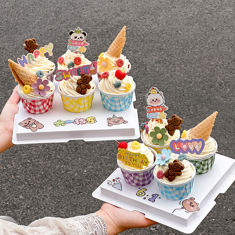 Internet Celebrity Children's Day Plaid Cupcake Decoration 61 Happy Cartoon Card Bear Sticker Decoration Plug-In