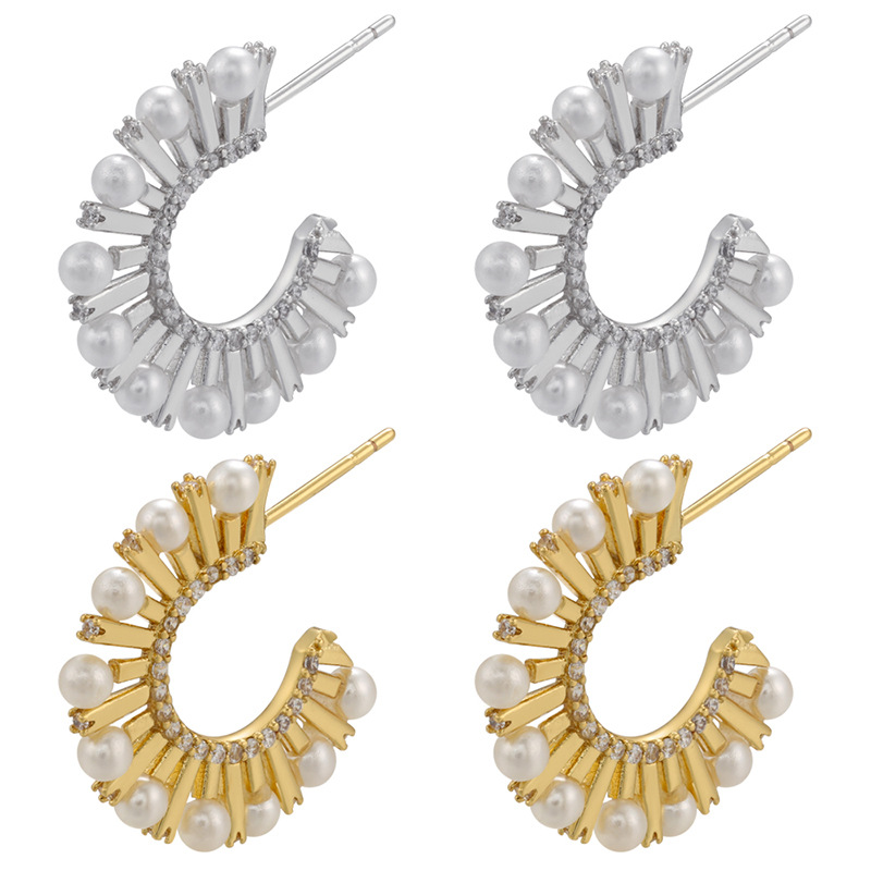 New Pearl Zircon C-shaped Copper 18K Gold Plated Stud Earrings